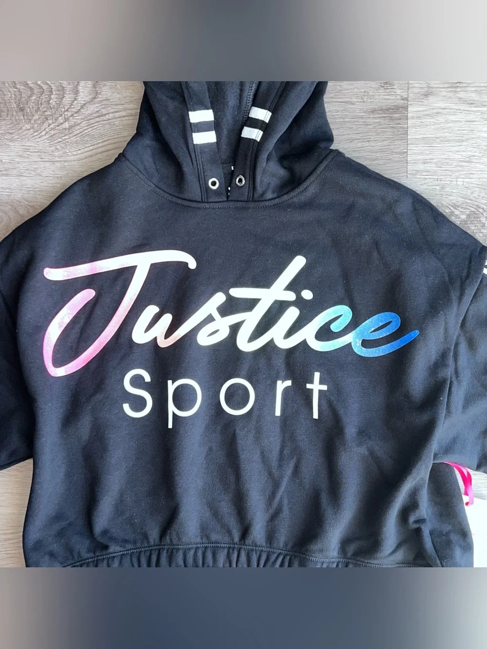 Justice Sport Girls Pullover Fleece Hoodie Black Glitter Logo Size L (12/14) NWT